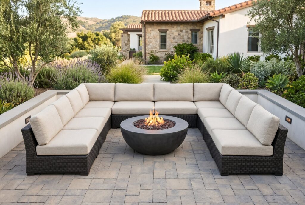 Large U shaped outdoor sectional surrounding round fire pit in luxury backyard patio.
