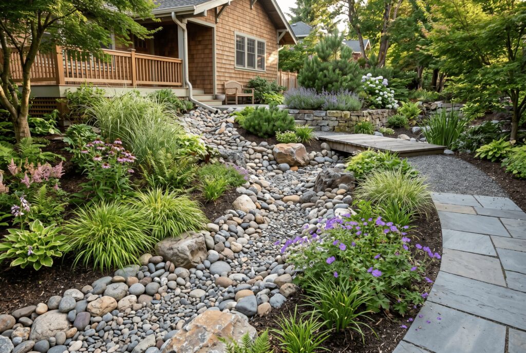 River rock drainage channel with planting beds and functional backyard hardscape.