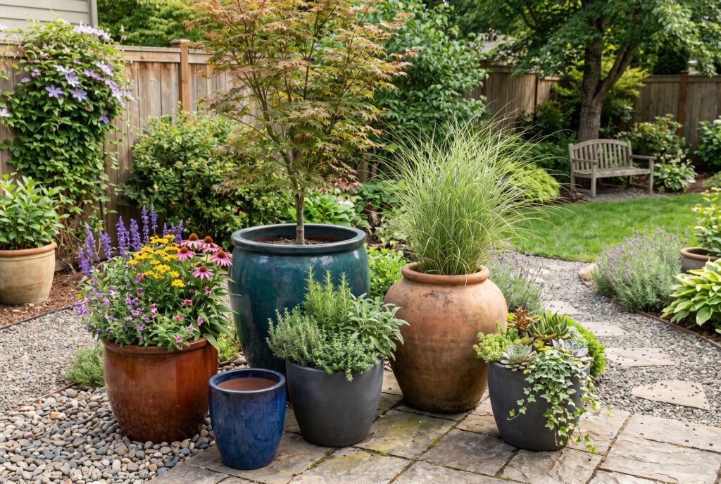 Oversized container gardening with large pots, ornamental grasses, and flowering plants.