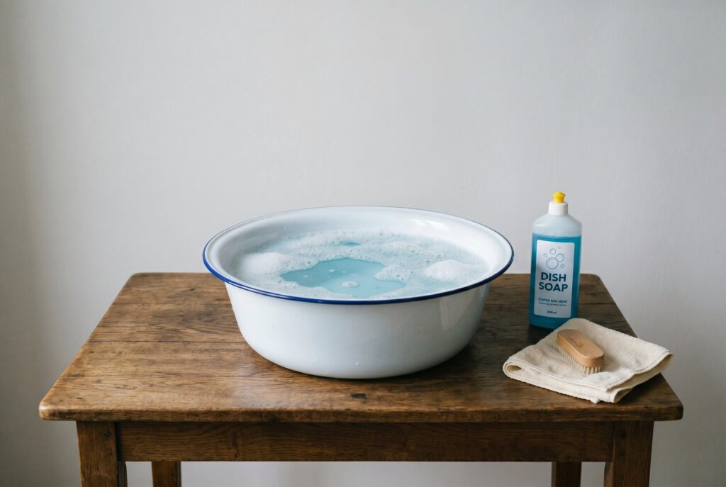 White basin of soapy water on a wooden table next to dish soap and a brush for the soak method.