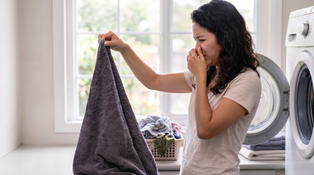 Woman smelling a dark grey musty towel in a laundry room with a disgusted expression.