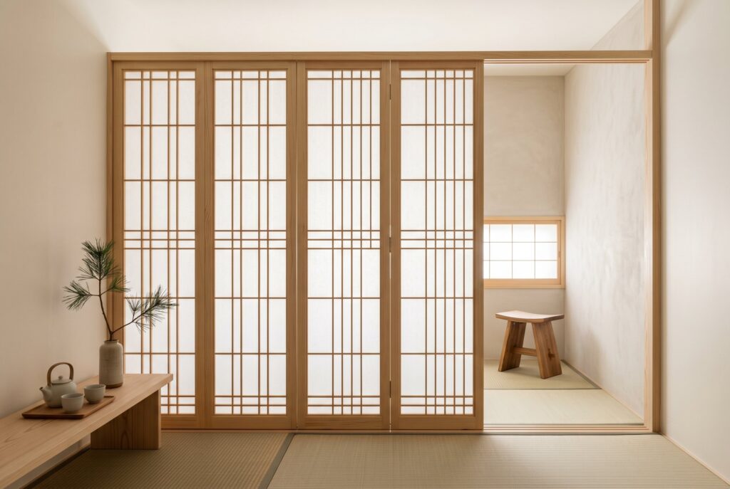 Japandi Shoji screen room divider with wood frame and translucent panels.