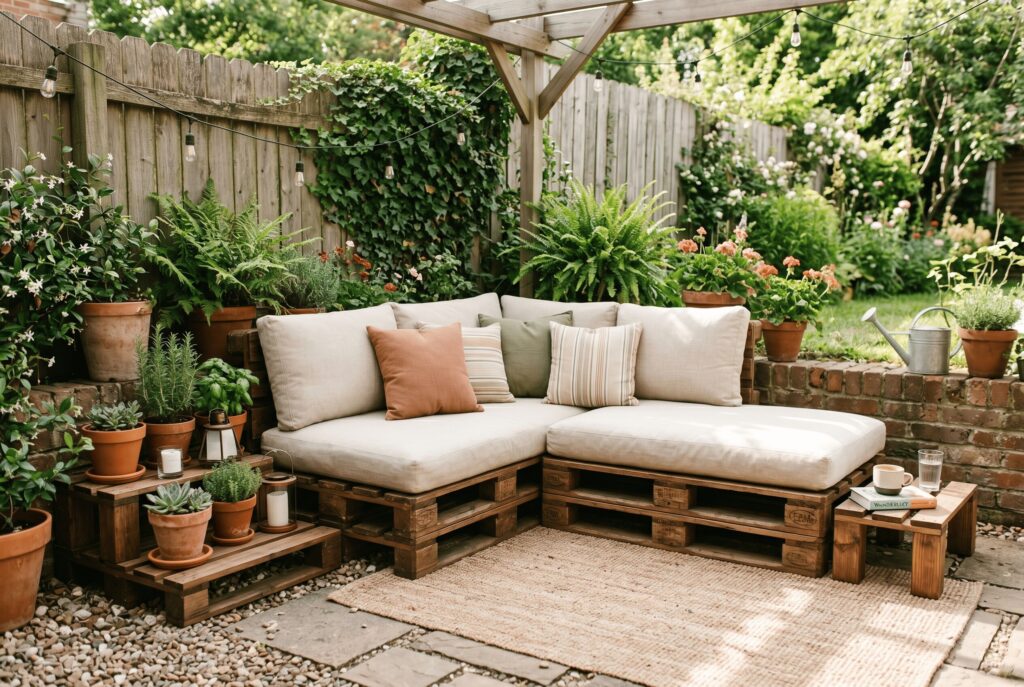 Minimalist pallet furniture with outdoor cushions in budget friendly backyard patio.