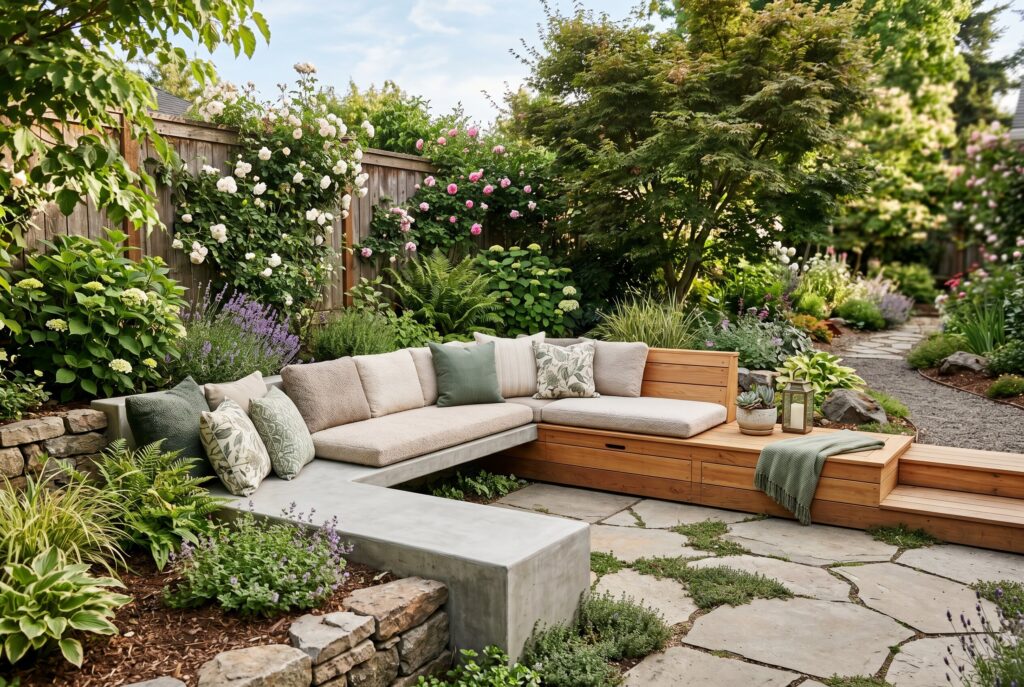 DIY built in patio seating with wood benches and integrated outdoor furniture.