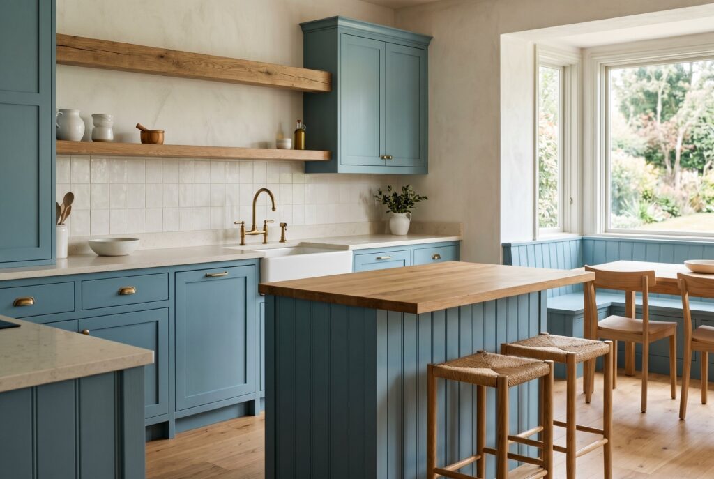Sage Infused Blue kitchen with beadboard island, oak countertops, and farmhouse styling.
