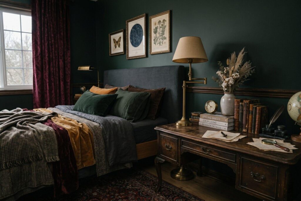 Dark academia desk styling with books, dried botanicals, and vintage table lamp. 