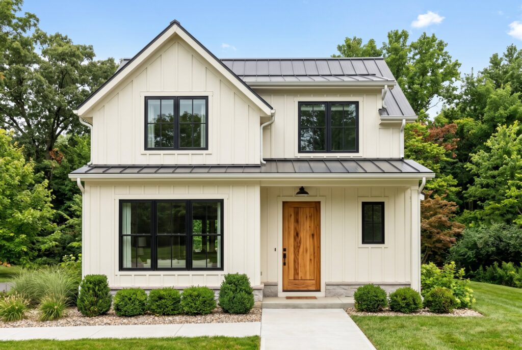 Sherwin Williams Dover White farmhouse exterior with black windows, cedar front door, and metal roof.