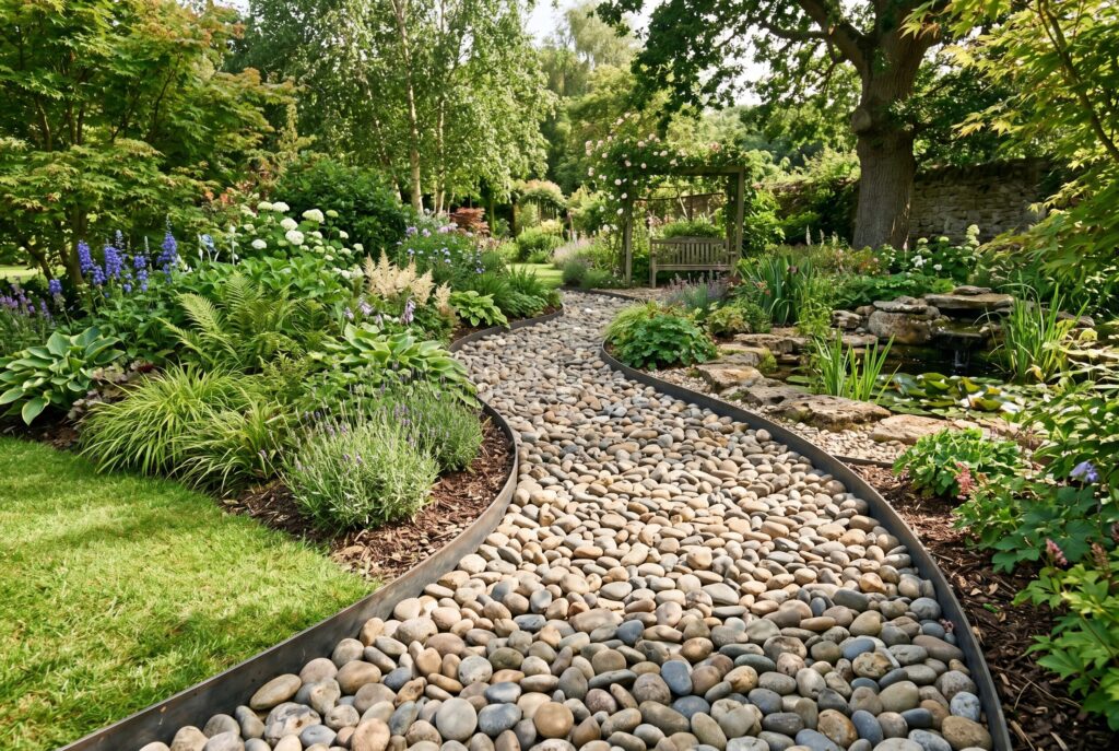 Barefoot river rock pathway with curved garden borders and natural hardscape landscaping.
