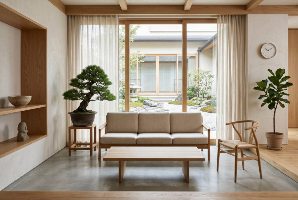 A serene Japandi space mixing soft textiles on a beige sofa, complemented by a large indoor bonsai tree on a side table and wooden furniture.
