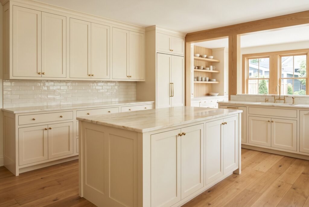 Rich pale cream kitchen cabinets with matching island, marble look counters, and oak flooring. 