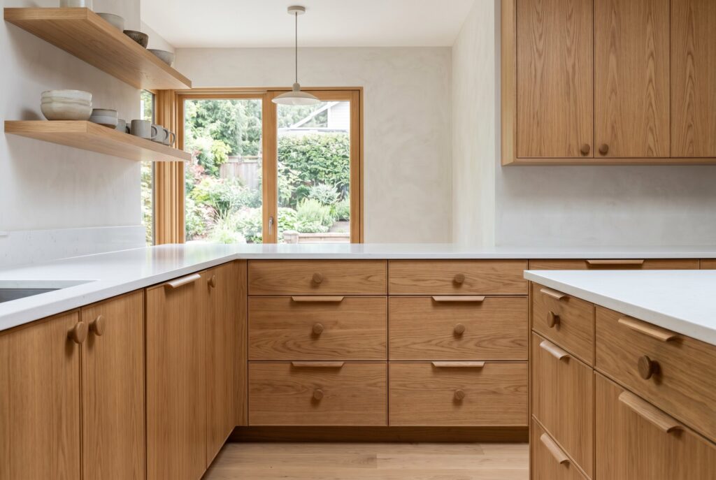 Oak kitchen with tonal wood hardware, open shelving, and warm natural finishes.