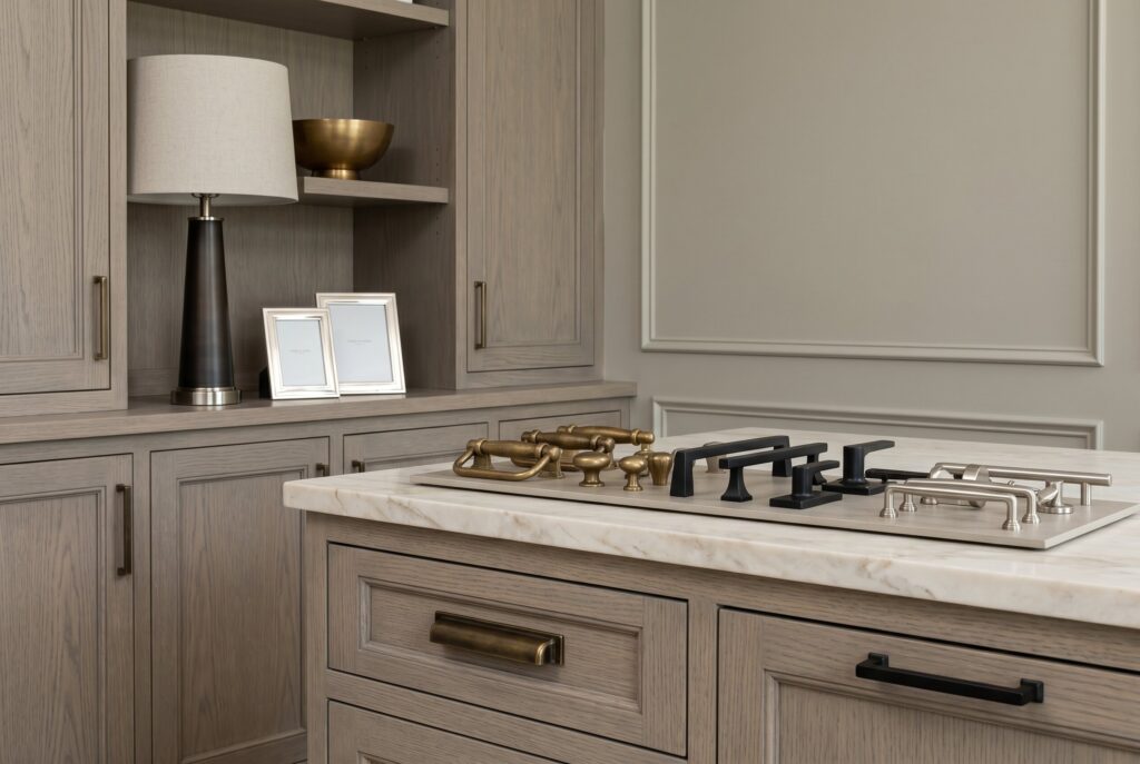 Custom transitional cabinetry with mixed brass and black hardware finishes.