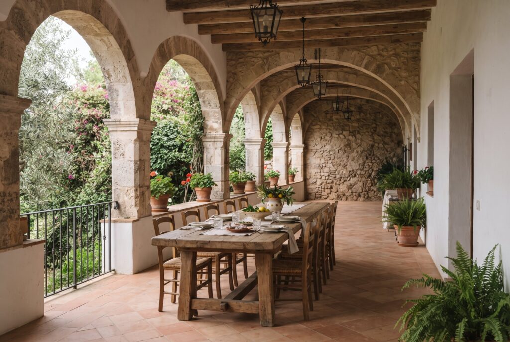 Breezy loggia with repeating stone arches, terracotta flooring, a long wooden dining table, and Tuscan countryside views.