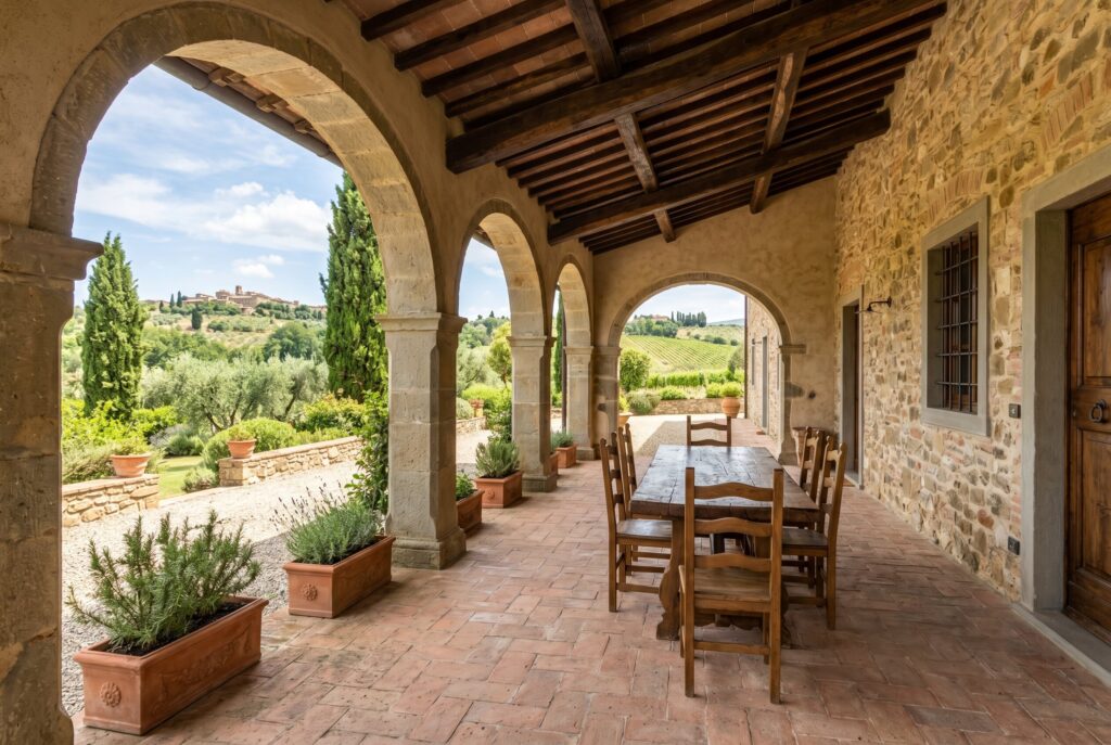 Breezy loggia with repeating stone arches, terracotta flooring, a long wooden dining table, and Tuscan countryside views.