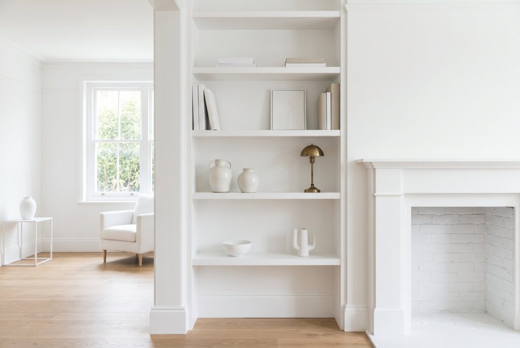 White alcove shelving beside a white fireplace styled with minimalist decor and warm wood flooring.
