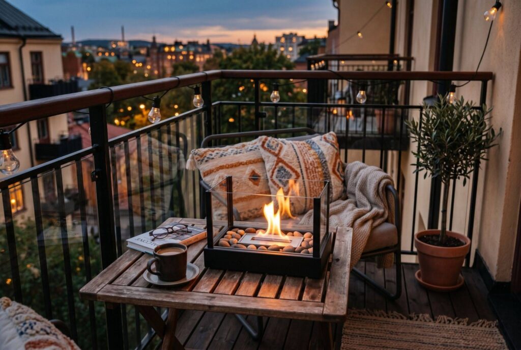 Portable tabletop fire pit on balcony table with cozy evening seating area. 
