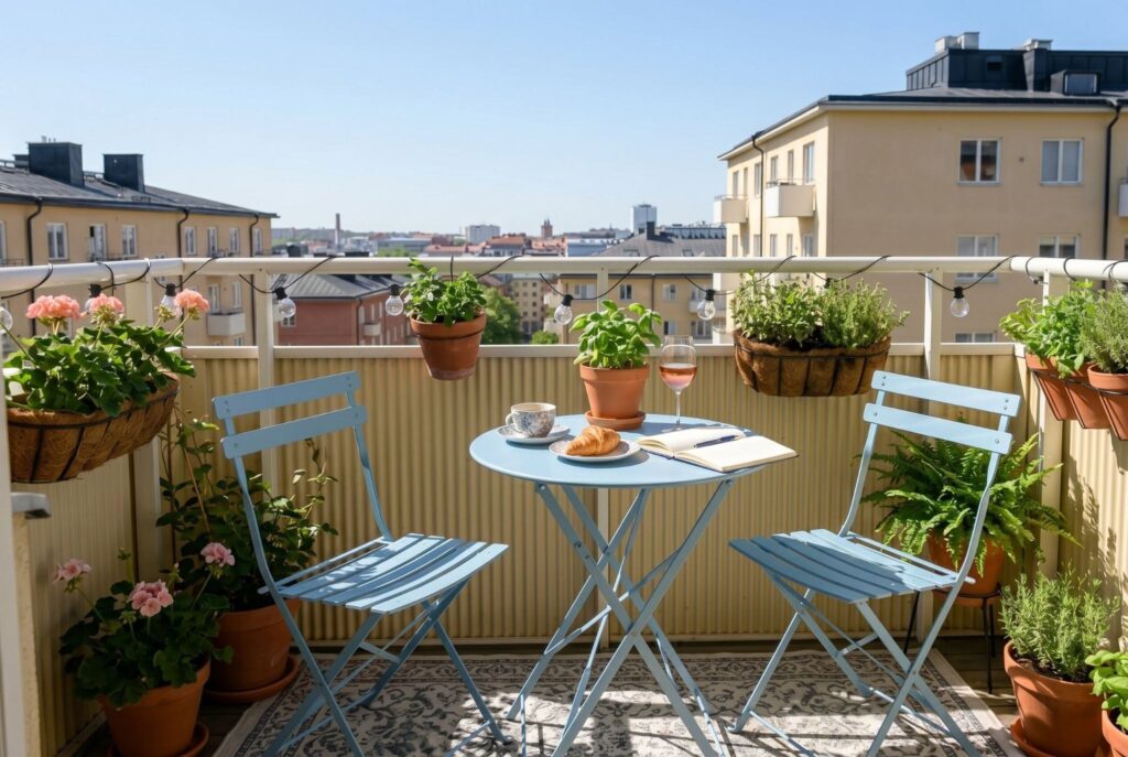 Folding bistro set on small balcony with railing planters and outdoor dining space. 
