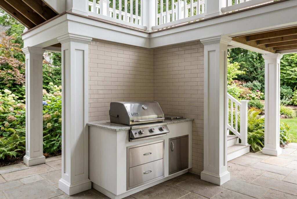 Nook filler outdoor kitchen built between porch columns with compact grill and storage.