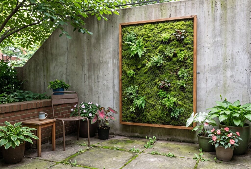 Living moss wall art in wooden frame creating vertical garden on concrete patio. 