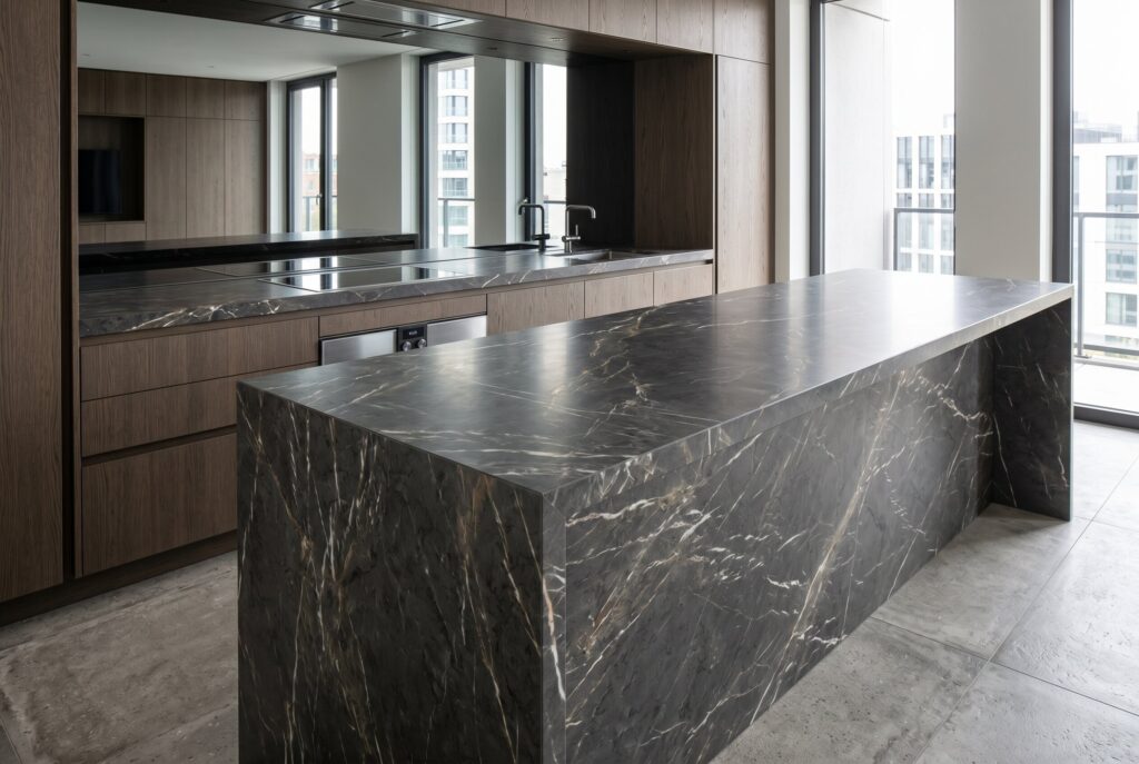 Dark sintered stone waterfall island in luxury kitchen with floor to ceiling windows.
