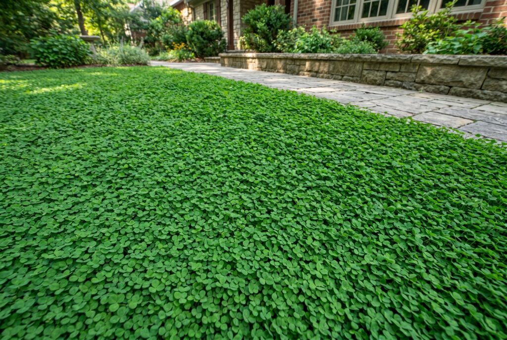 A dense, soft green carpet of microclover serving as a low-water lawn replacement next to a brick walkway.