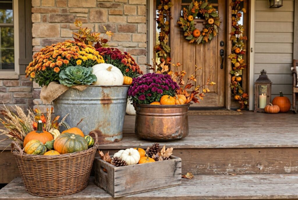 Galvanized bucket and copper pot planters with mums and pumpkins on front porch.