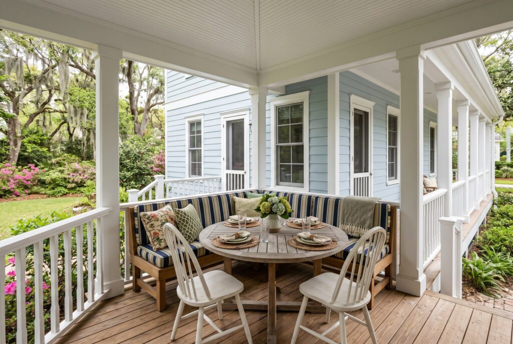 Corner dining nook on wrap around porch with round table and built in bench seating. 