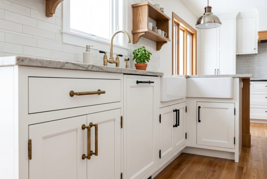 Transitional kitchen with mixed metal hardware, brass pulls, and black fixtures.