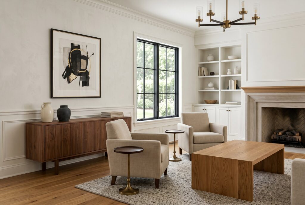 Transitional living room with walnut sideboard, modern artwork, and classic millwork.