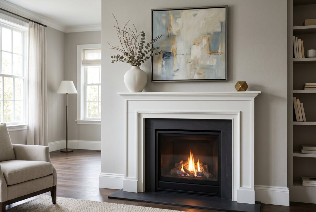 Transitional fireplace with simple white mantel and contemporary artwork above.