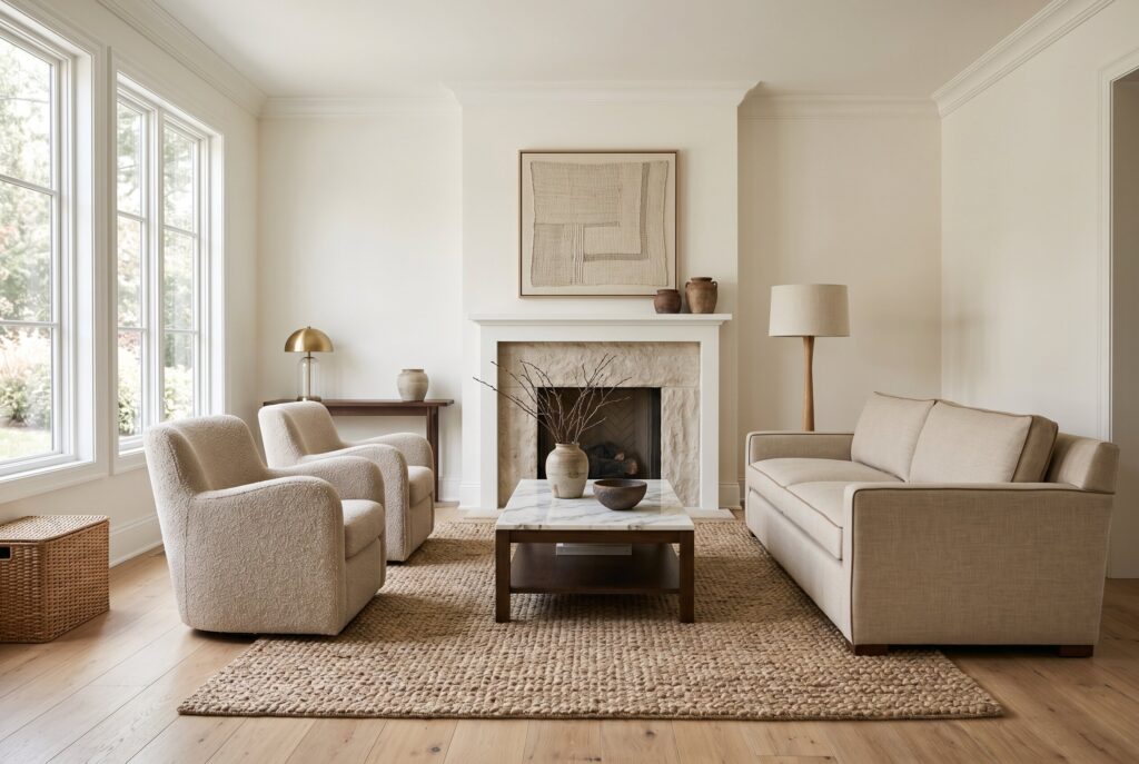 Neutral sitting room with woven textures, soft upholstery, and stone fireplace.