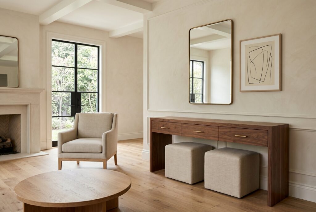Walnut console table with oversized mirror in a warm transitional interior.