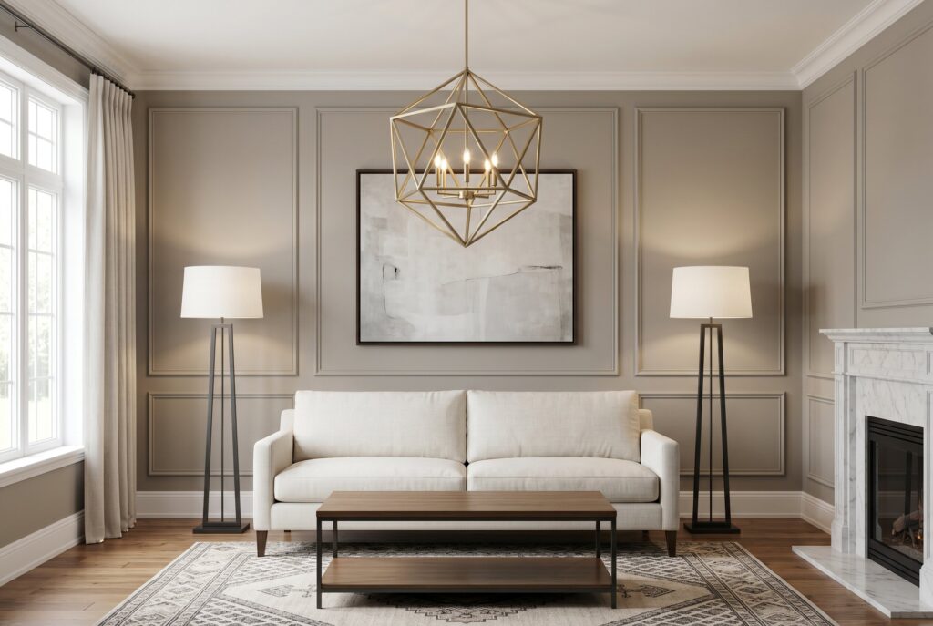 Modern traditional living room with sculptural chandelier and neutral furnishings.