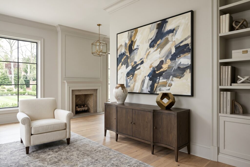 Transitional living room with oversized abstract artwork and curated accessories.