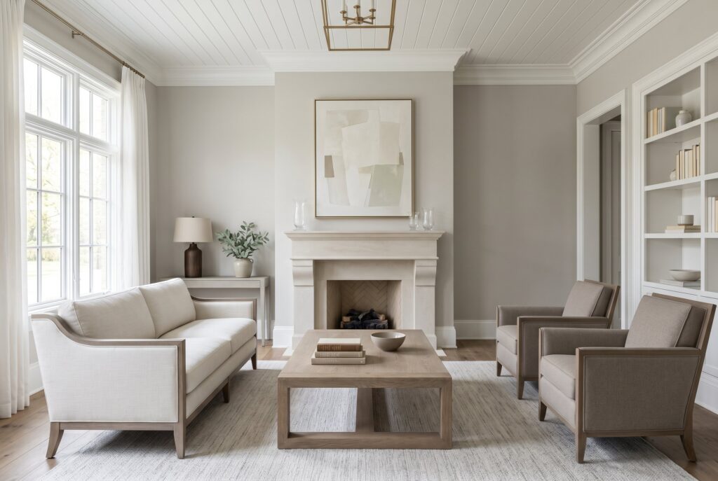 Elegant transitional sitting room with traditional fireplace and soft neutral furnishings.
