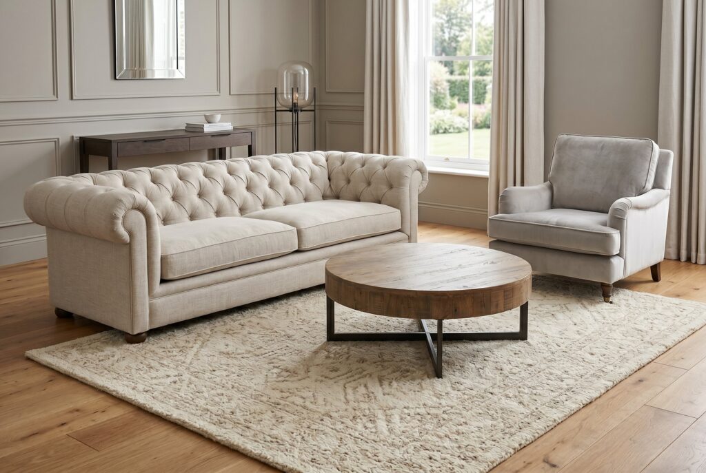 Transitional living room with tufted sofa, wool rug, and layered neutral textiles.