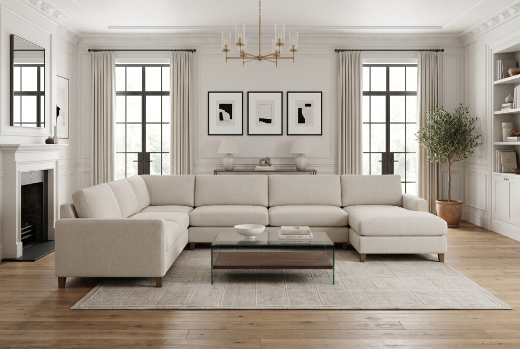 Transitional family room with oversized sectional, neutral palette, and streamlined furnishings.