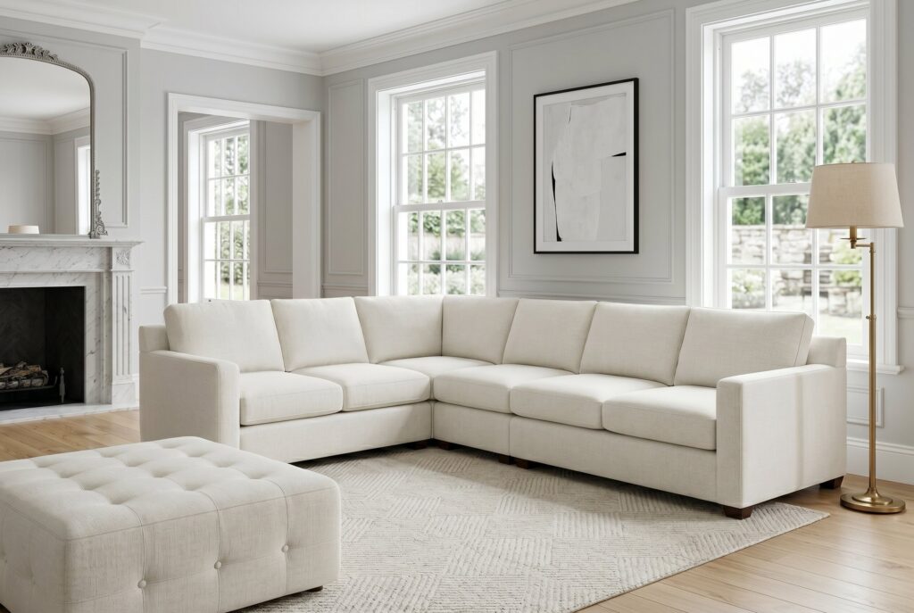 Large white sectional sofa anchoring a bright transitional living room.