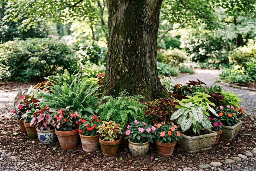 Potted plant ring around mature tree with colorful shade loving container plants. 