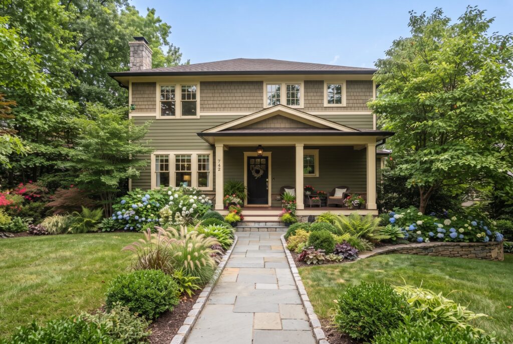 Olive green exterior home with cream trim, black front door, and mature layered landscaping. 