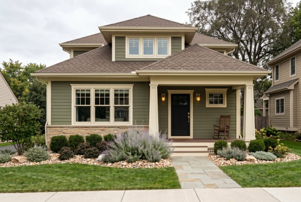 Olive green exterior home with cream trim, black front door, and mature layered landscaping.