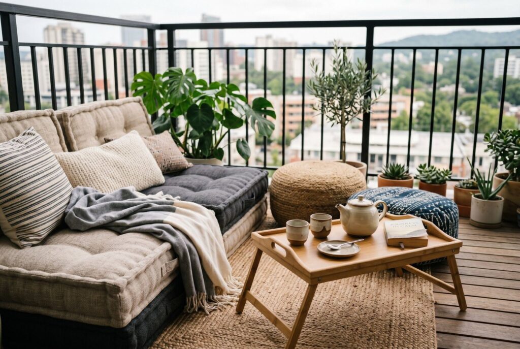 Floor cushion lounge on balcony with low coffee table and cozy outdoor seating. 