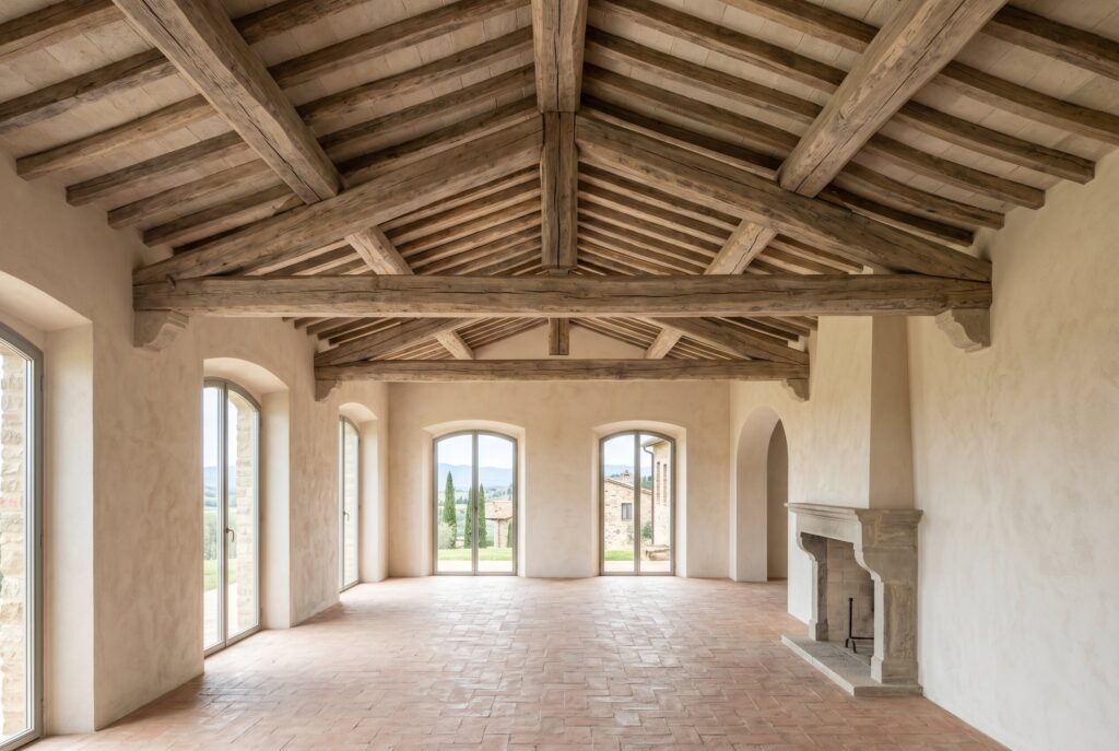 Bright empty room with a vaulted ceiling, exposed wood beams, stone fireplace, and large arched glass doors.