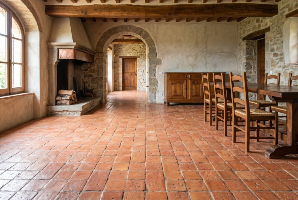 Spacious interior with handmade terracotta floors, a large stone fireplace, and wide stone archways connecting adjacent rooms.