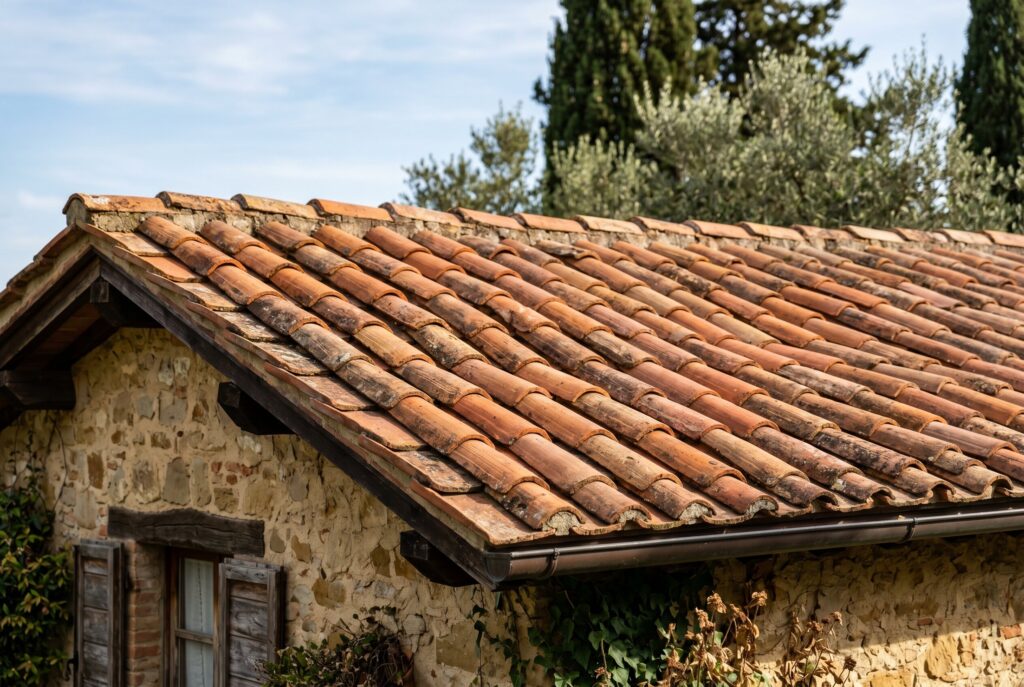 A traditional terracotta barrel tile roof on a rustic stone building featuring small wooden-shuttered windows under the eaves.