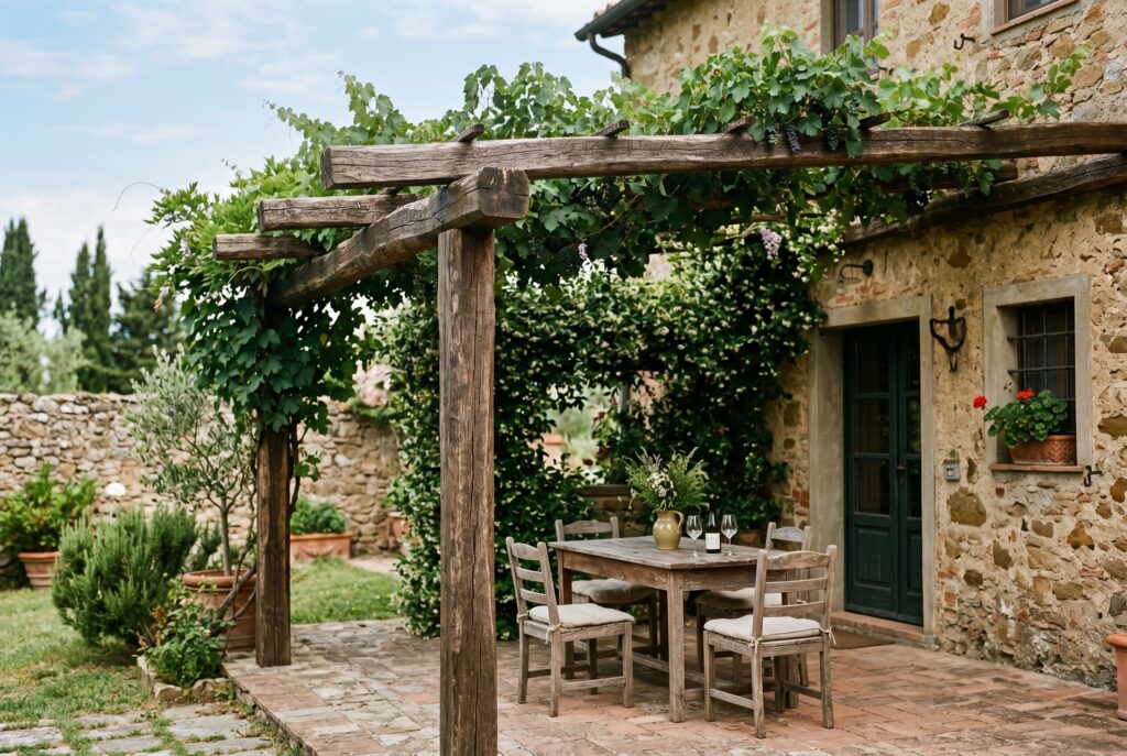Rustic wooden pergola covered with lush green vines, shading an outdoor dining table in a stone courtyard.