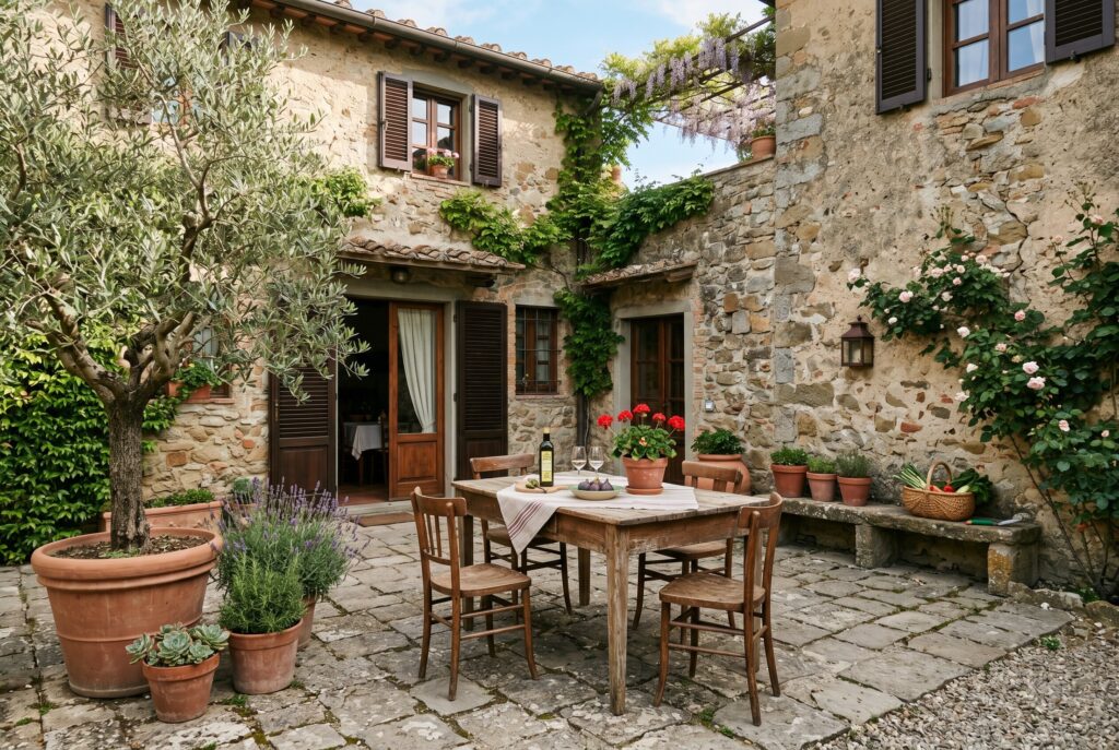 Natural stone courtyard with a rustic wooden dining set, potted plants, and a large olive tree.