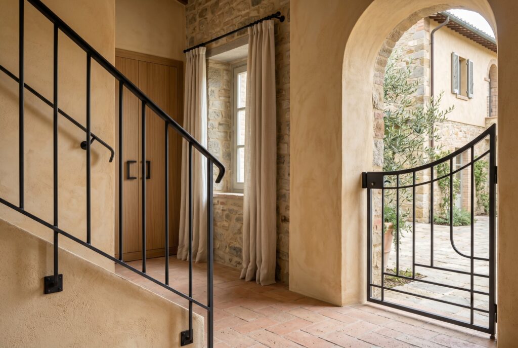 Bright staircase and hallway with minimalist wrought iron details, sleek black railings, and a matching arched metal gate.