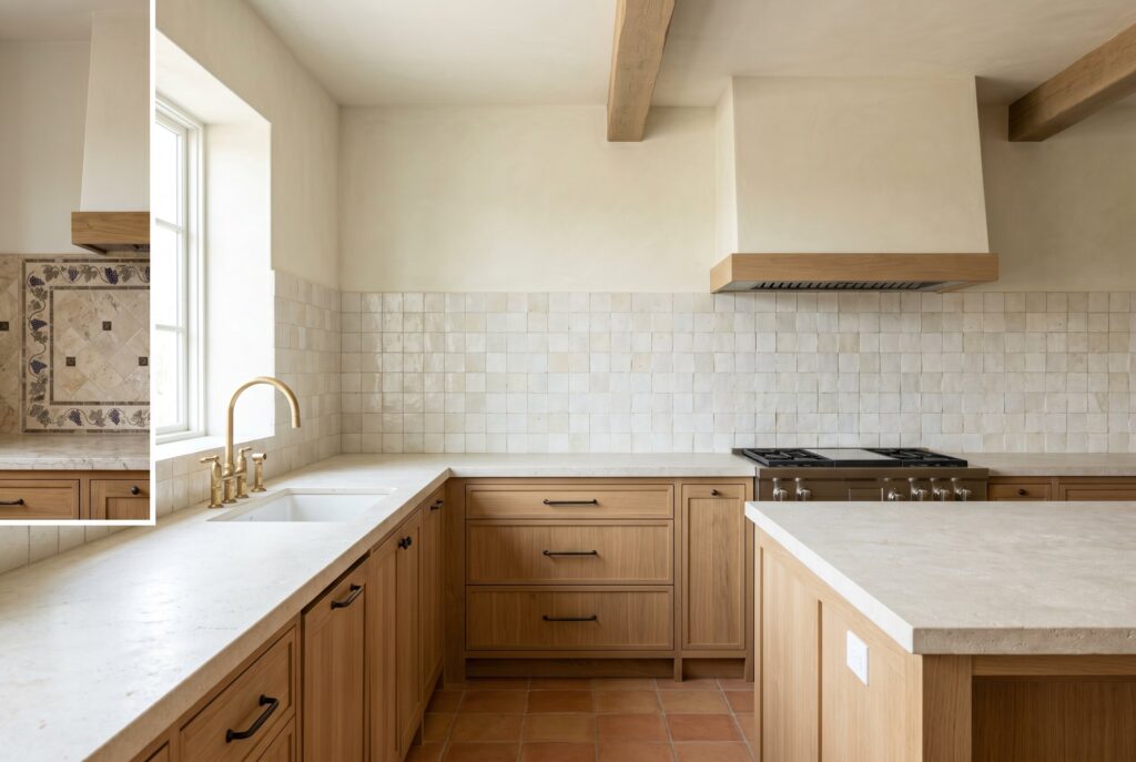 Before-and-after kitchen update with simple square tile backsplash and light wood cabinets replacing busy tumbled marble.