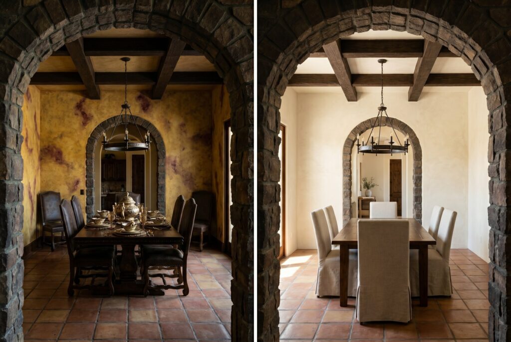 Before-and-after dining room under a stone archway: dark faux-painted walls and heavy furnishings transformed into bright limewash walls, slipcovered chairs, and a simple chandelier.
